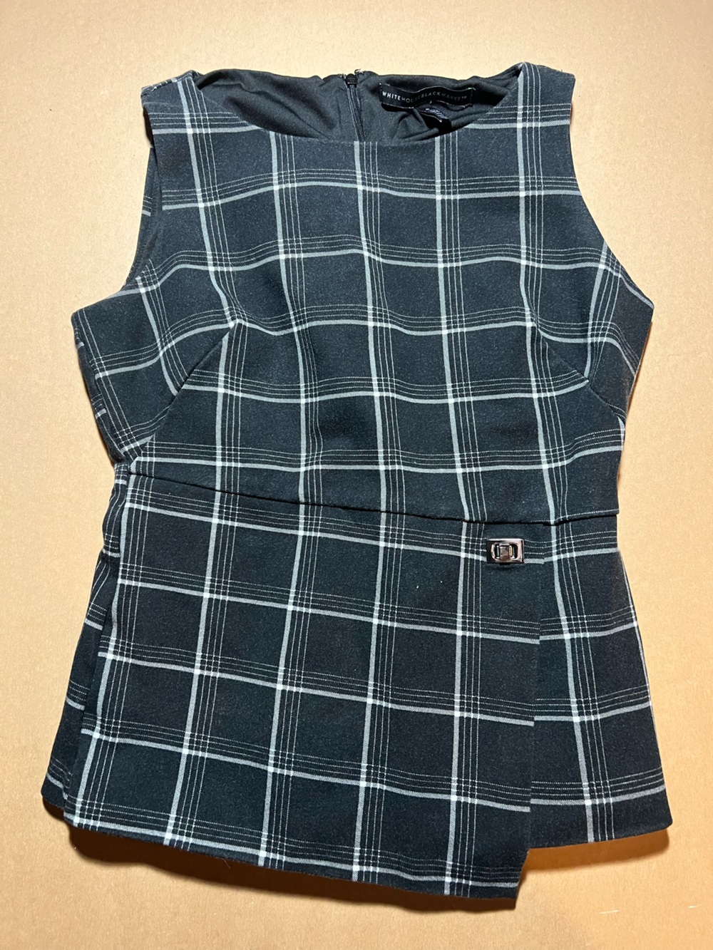 White House Black Market Black & White Plaid Sleeveless Peplum Tank